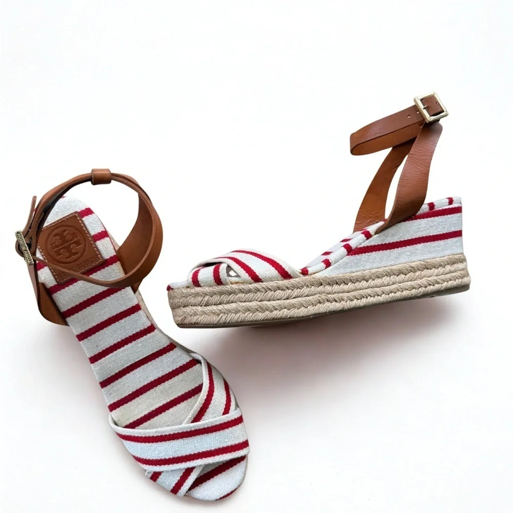 Pre❤️ TORY BURCH Striped Canvas Espadrille Wedge Sandals - Size 10